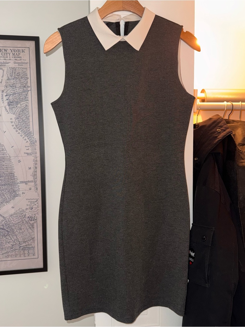 Sleeveless Charcoal Knit Mini Dress with White Collar